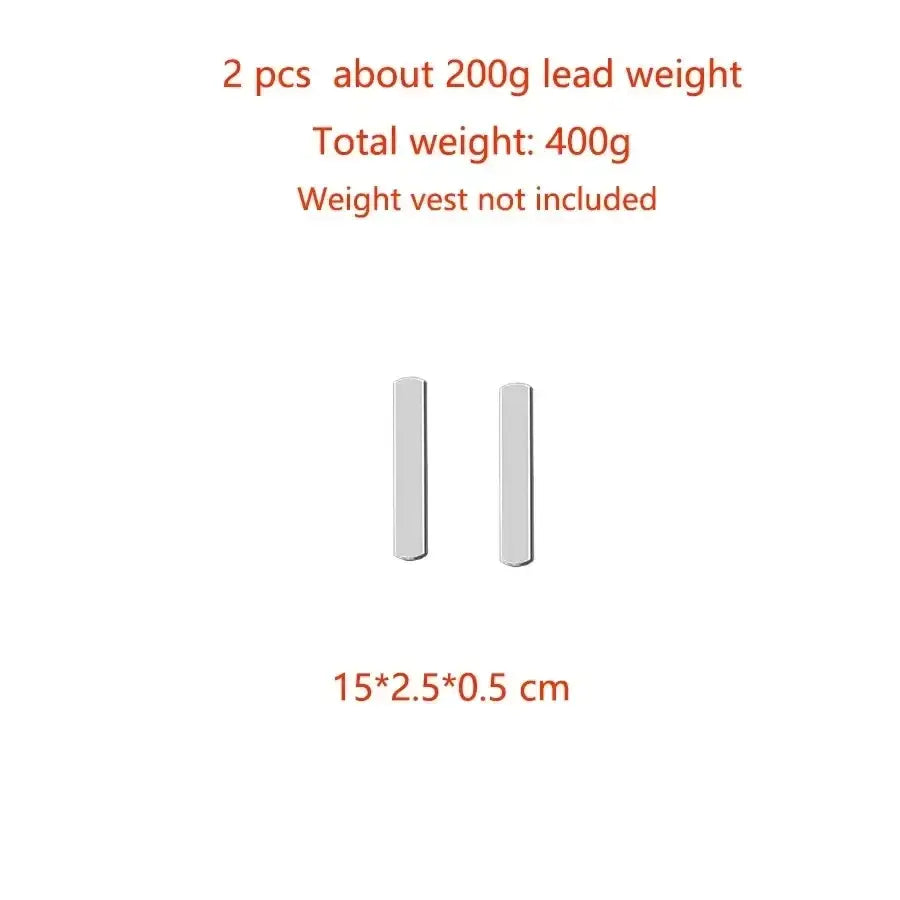 Two sleek silver rectangular lead weight pieces for an adjustable weight vest used in strength training and weight bearing