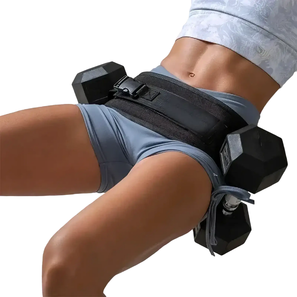 Black adjustable hip bridge belt with secure buckle and straps designed to hold dumbbells for core workouts