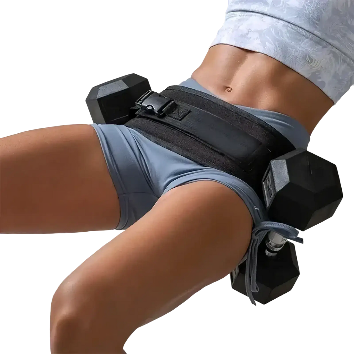 Black adjustable hip bridge belt with secure buckle and straps designed to hold dumbbells for core workouts