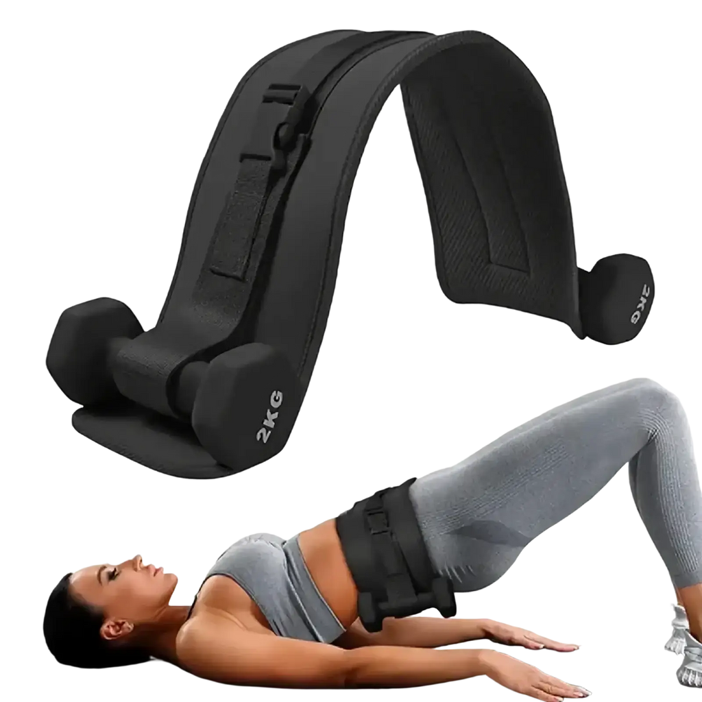 Black 2kg adjustable hip bridge belt with padded shoulder straps and buckles for core workouts and fitness training