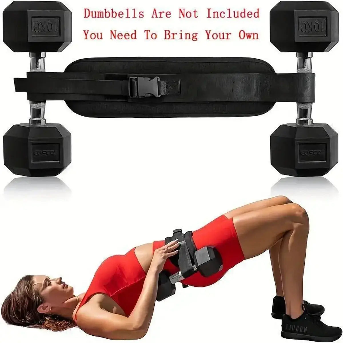 Adjustable weighted hip bridge belt in black with silver metal hardware and padded strap for secure core workouts