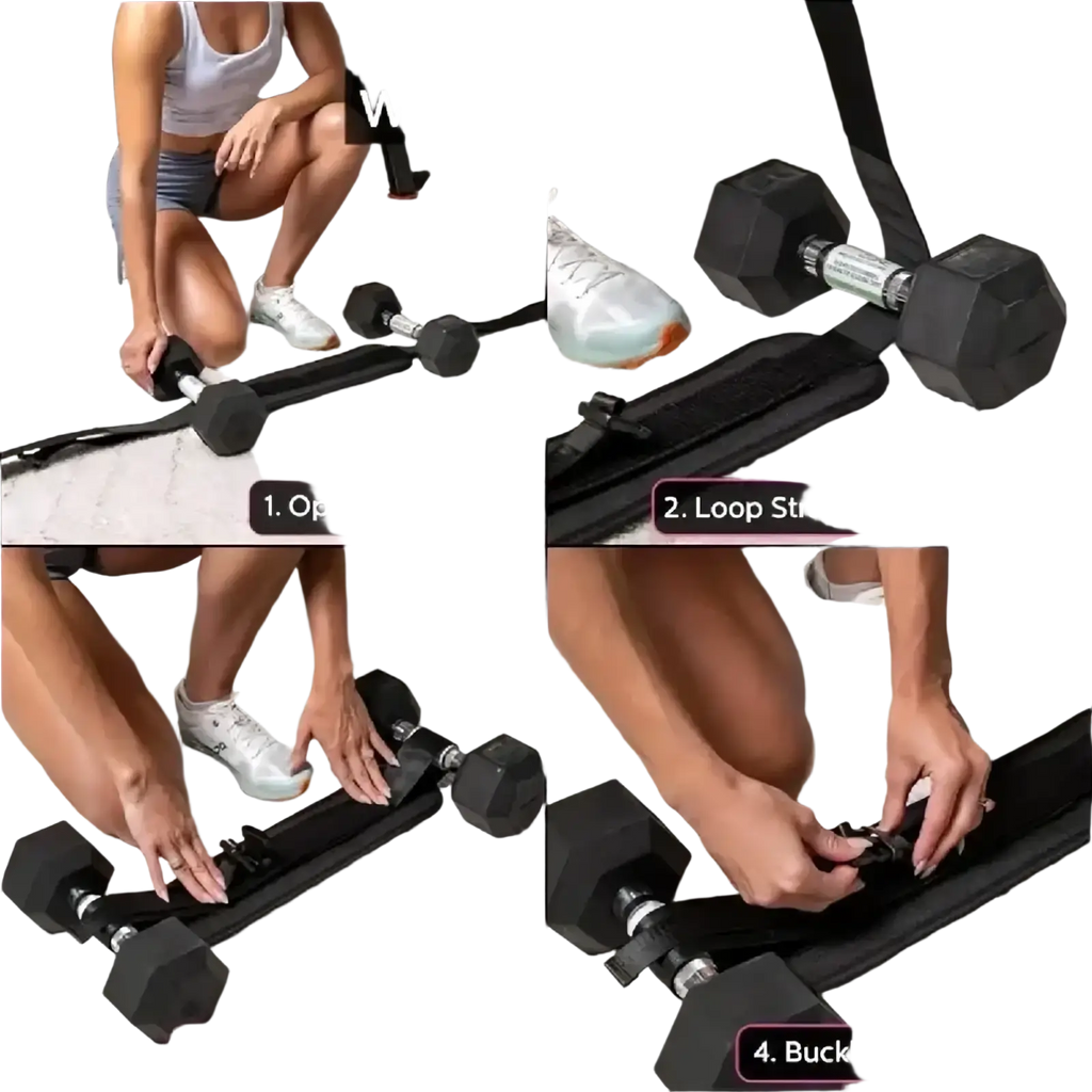 Black adjustable weighted hip bridge belt with dumbbell storage, secure buckles, and adjustable straps for core workouts
