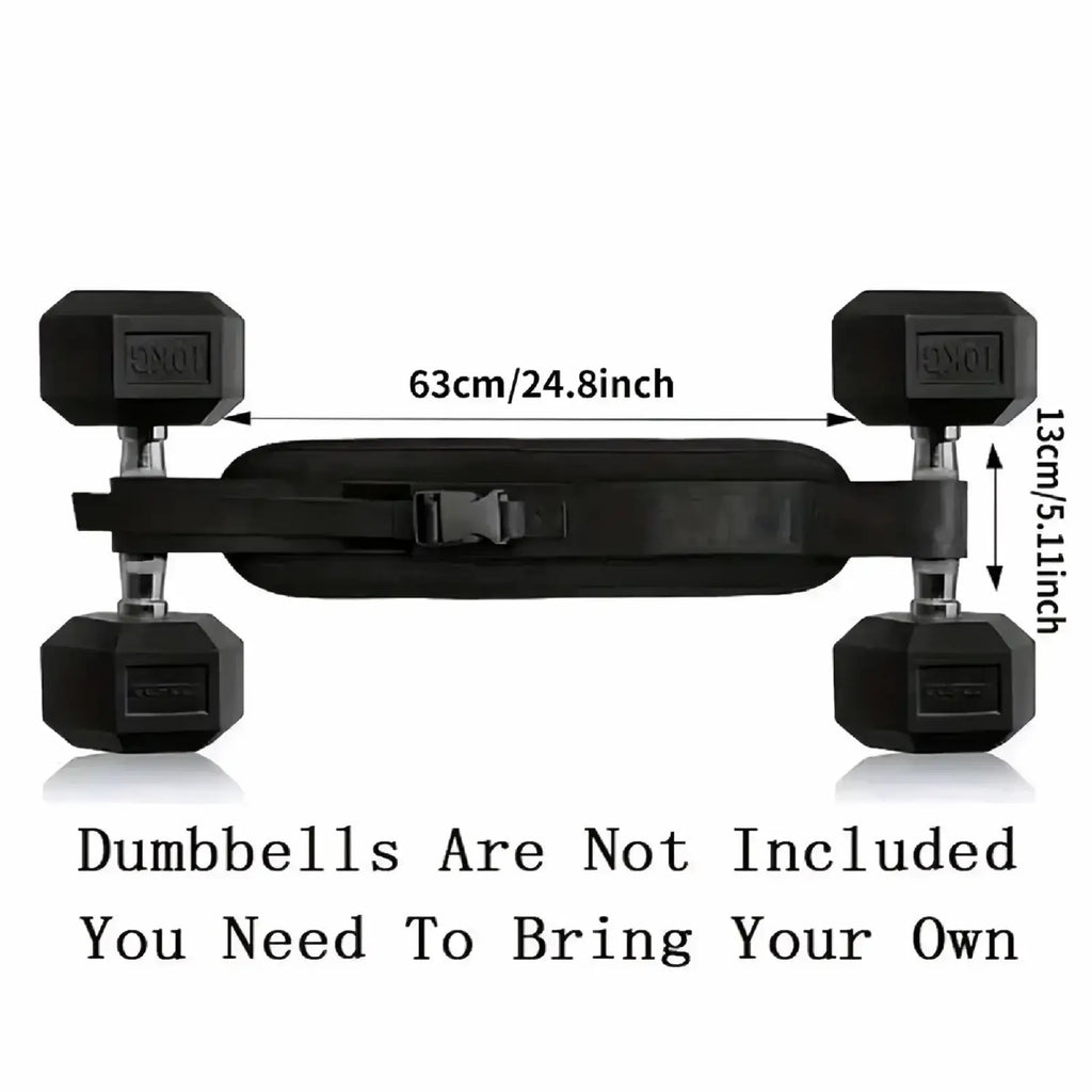 Black adjustable hip bridge belt with silver metal buckle designed to securely hold dumbbells for core workouts