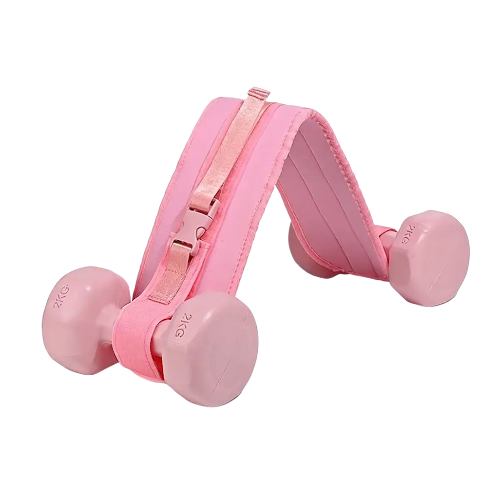 Adjustable weighted hip bridge belt in pink padded material with strap and buckle for secure core workouts