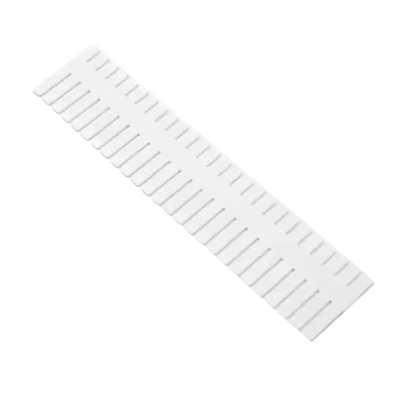 Adjustable white plastic drawer divider partition with evenly spaced parallel slots for organized storage