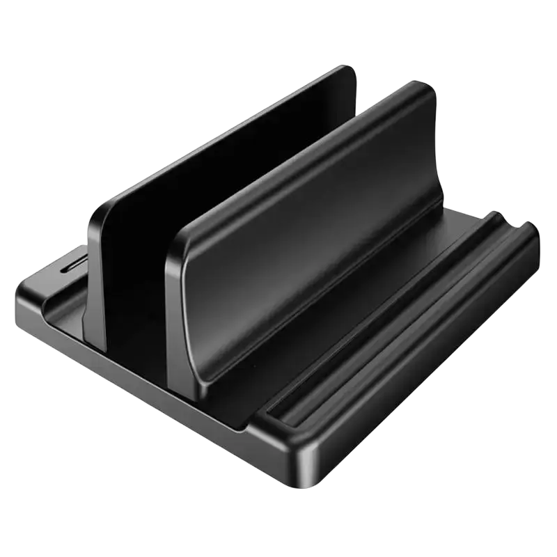 Black plastic adjustable width laptop and tablet stand with dual slots and opening size for charging and support