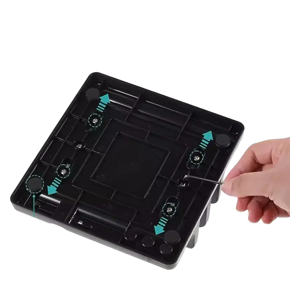 Black plastic adjustable width laptop and tablet stand with non-slip silicone mats and screwdriver for easy assembling