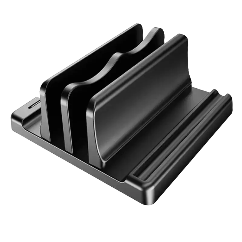 Black plastic adjustable width laptop and tablet stand with three slots and customizable opening size for devices