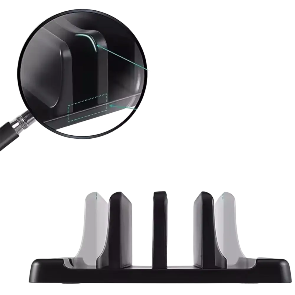 Black silicone laptop and tablet stand with smooth arc design and adjustable width for customizable opening size