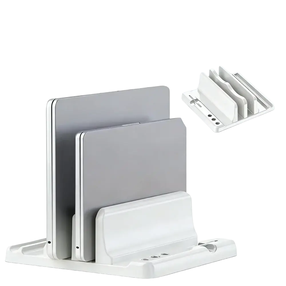 White plastic adjustable width laptop and tablet stand with three slots for organizing devices and varying opening size