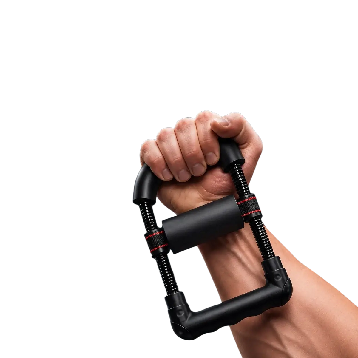 Adjustable black wrist exerciser with red accents for forearm strength training in basketball badminton and tennis