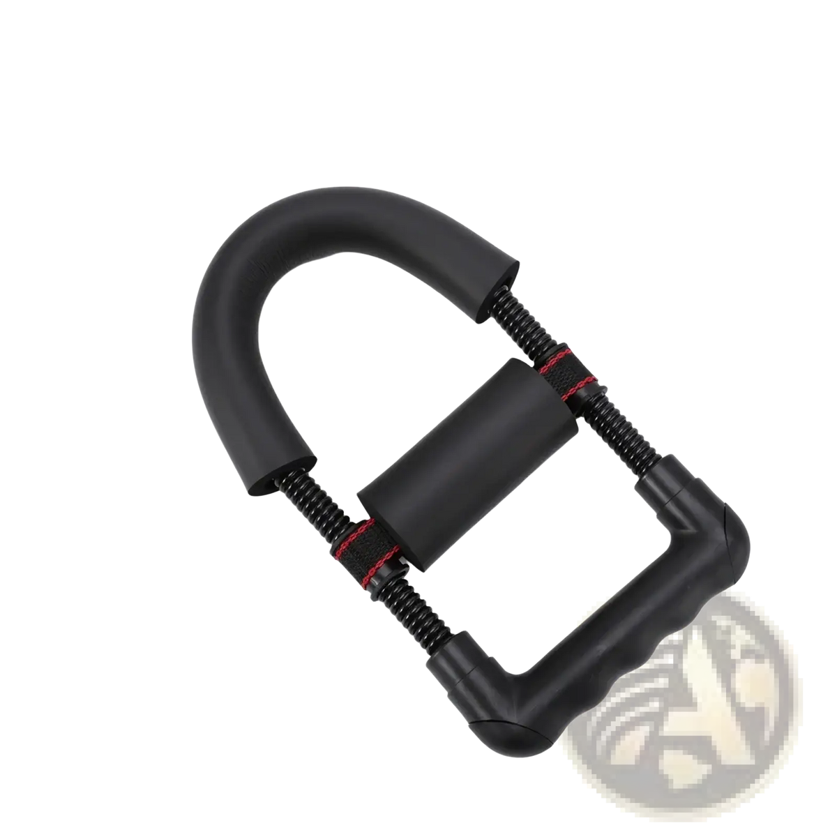 Adjustable wrist exerciser forearm strength trainer with black hand gripper, textured rubber grips, and red spring stitching