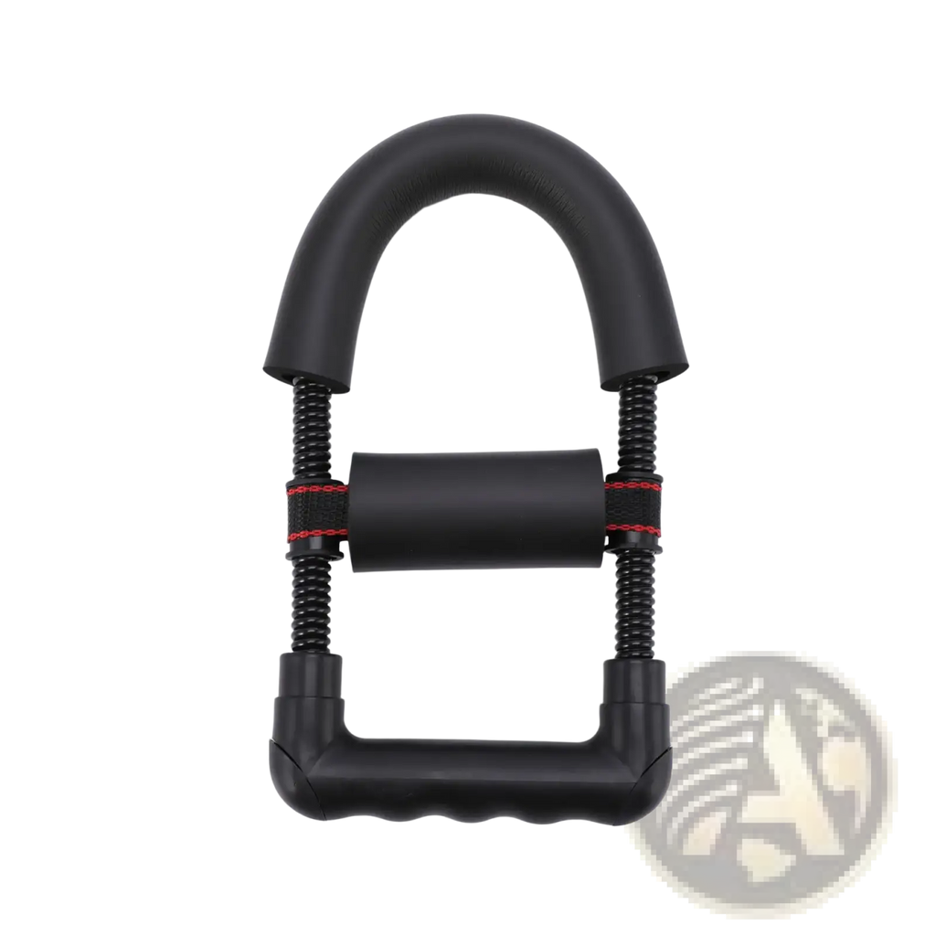 Adjustable wrist exerciser forearm strength trainer with black textured rubber handles and red stitching accents