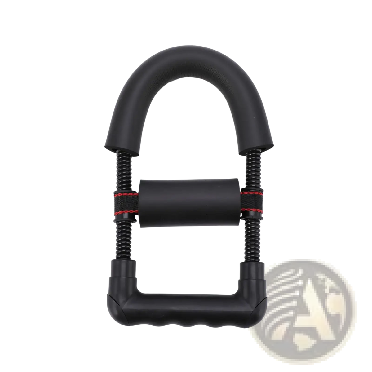 Adjustable wrist exerciser forearm strength trainer with black textured rubber handles and red stitching accents