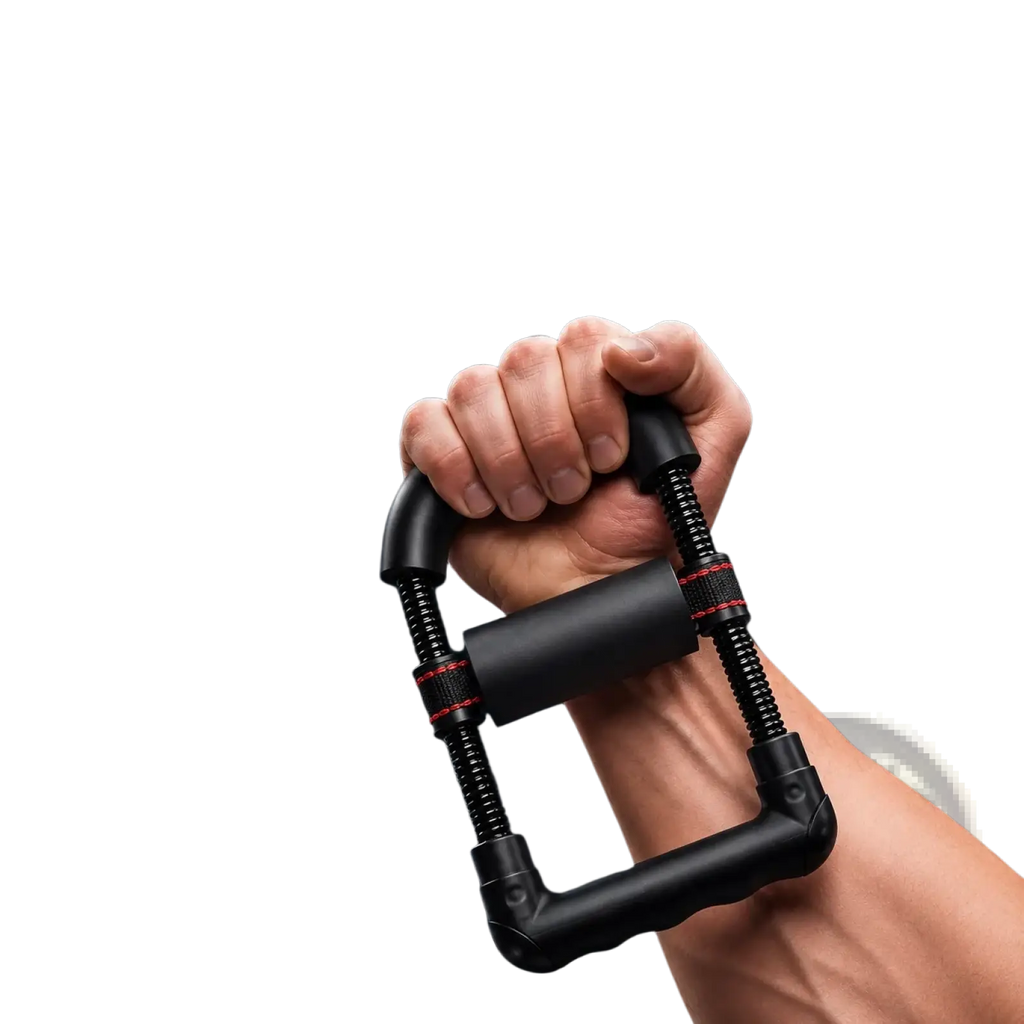 Adjustable black wrist exerciser with red accents for forearm strength training in basketball badminton and tennis