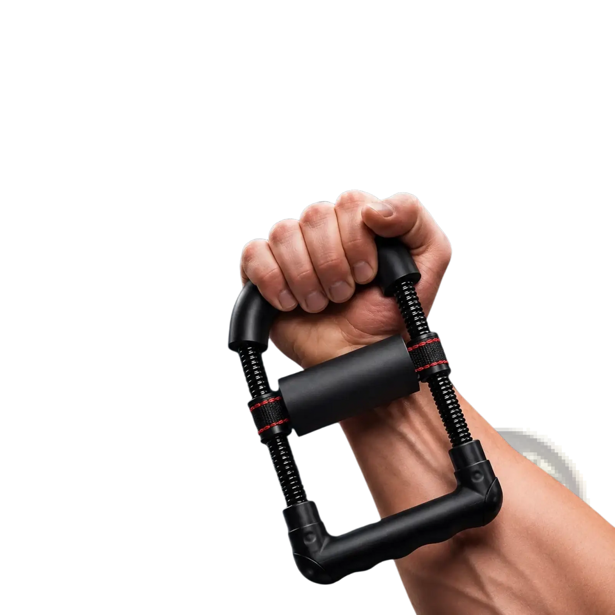 Adjustable black wrist exerciser with red accents for forearm strength training in basketball badminton and tennis