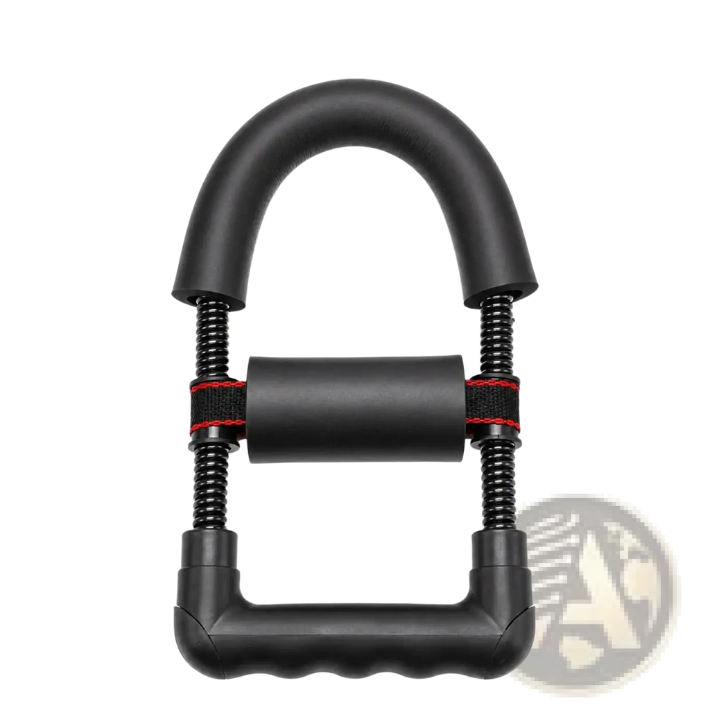 Black adjustable wrist exerciser forearm strength trainer with red accent straps and spring-loaded resistance mechanism