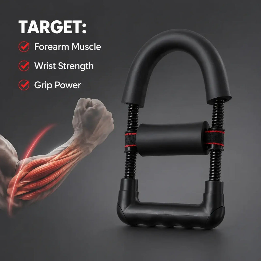 Adjustable wrist exerciser forearm strength trainer with black rubber-coated grip and red accent straps for muscle training