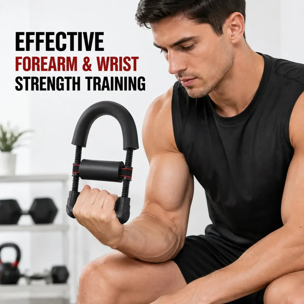 Black u-shaped adjustable wrist exerciser forearm strength trainer with textured grip handles for strength training