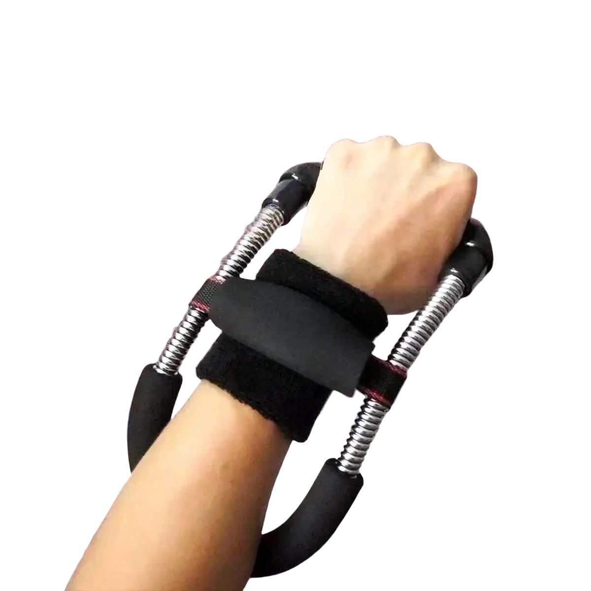 Black adjustable wrist and forearm strengthener with spring-loaded handles and padded grip for exercise and rehabilitation