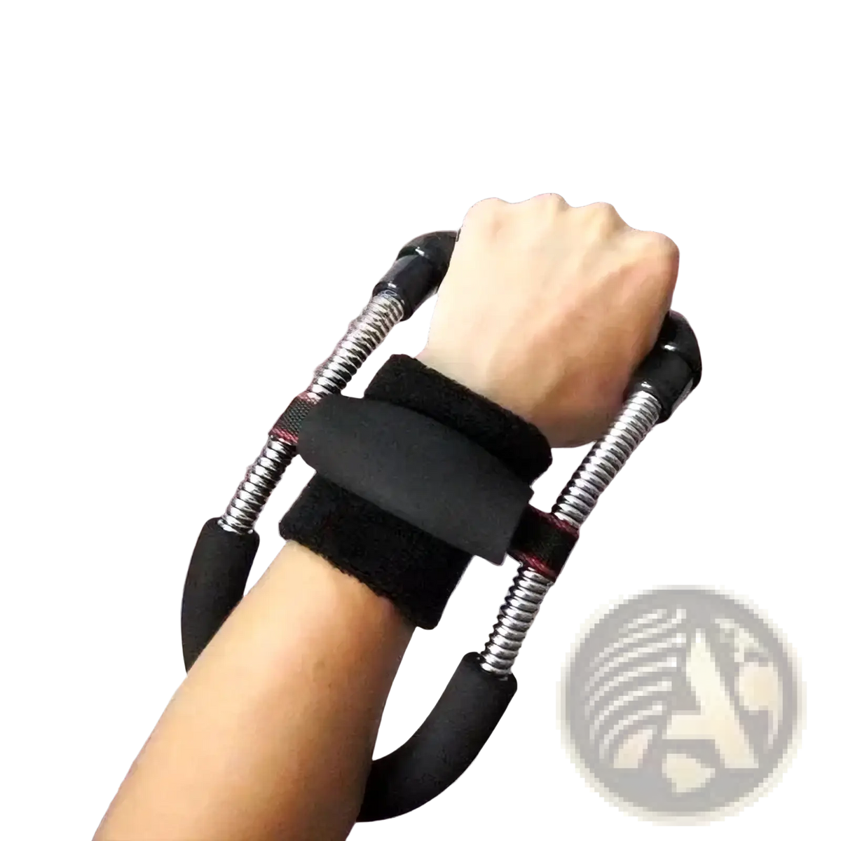 Black adjustable wrist and forearm strengthener with spring-loaded handles and padded grip for exercise and rehabilitation
