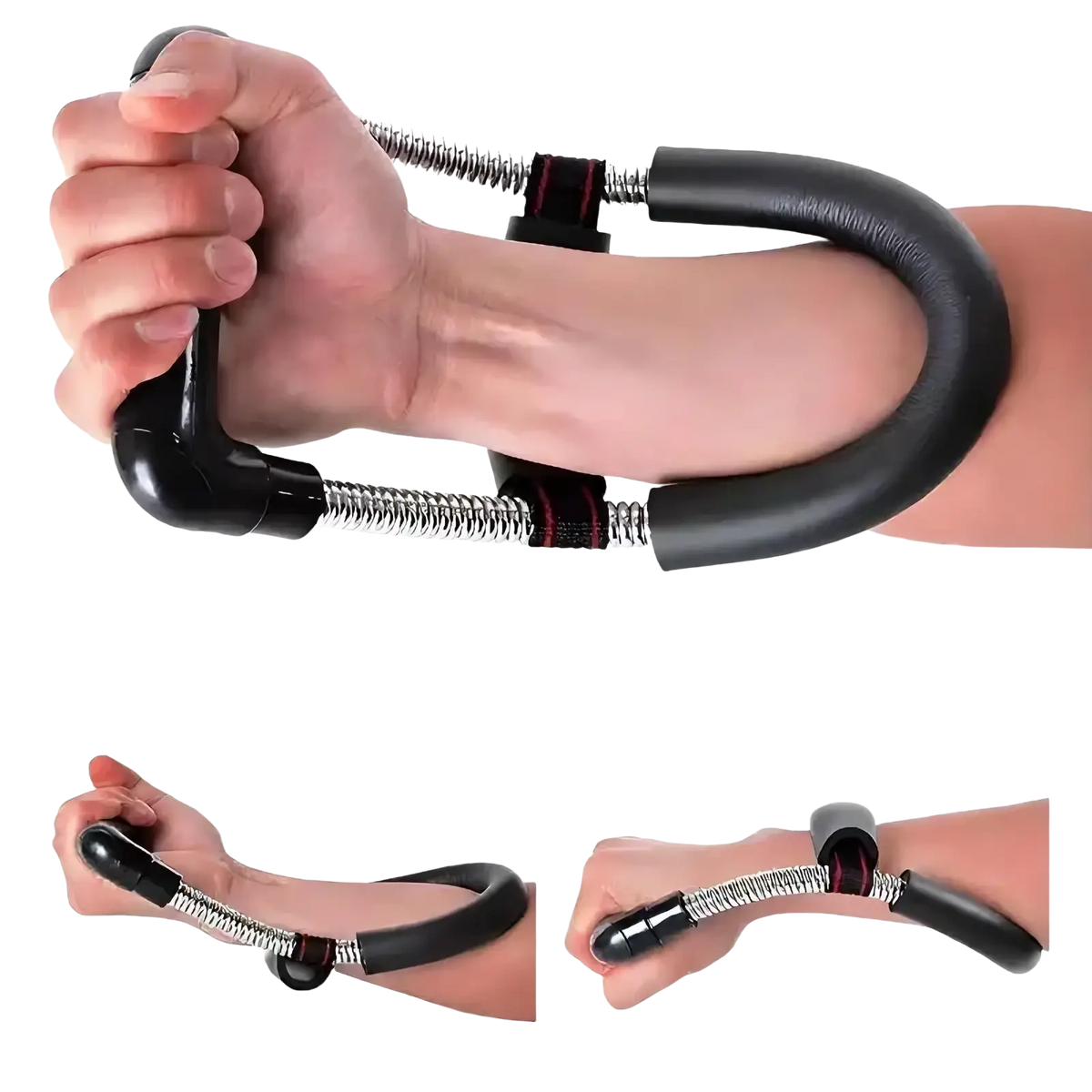 Adjustable wrist and forearm strengthener with black padded handles and coiled metal spring hand grip exerciser