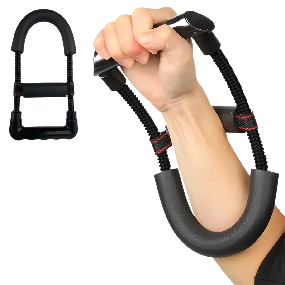 Adjustable wrist and forearm strengthener with black textured rubber handles and coiled spring hand grip exerciser