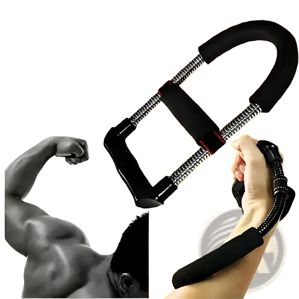 Black adjustable wrist and forearm strengthener with textured rubber handles and metallic spring mechanism