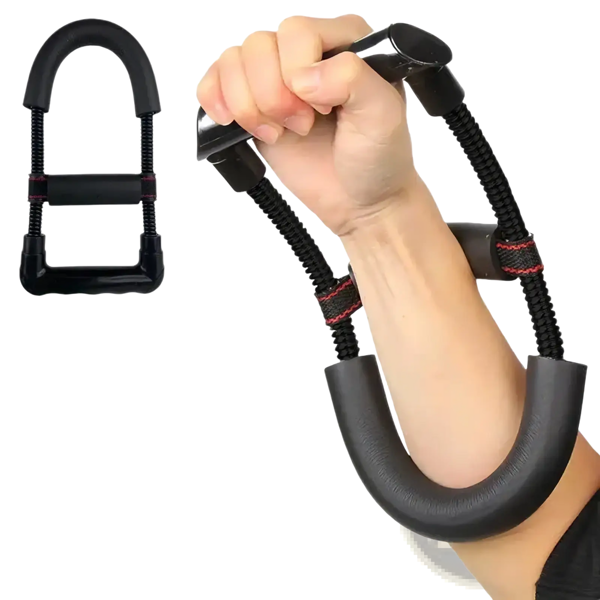 Adjustable wrist and forearm strengthener with black textured rubber handles and coiled spring hand grip exerciser