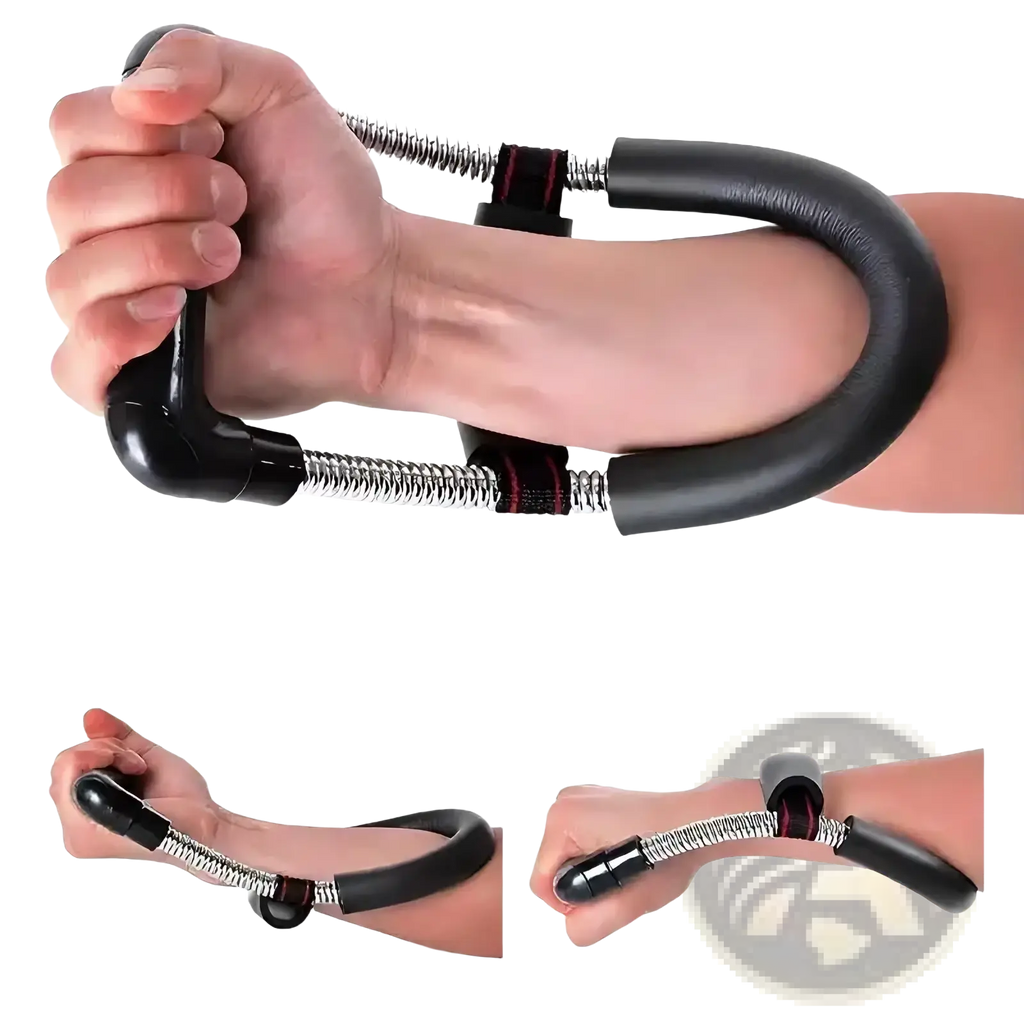 Adjustable wrist and forearm strengthener with black padded handles and coiled metal spring hand grip exerciser