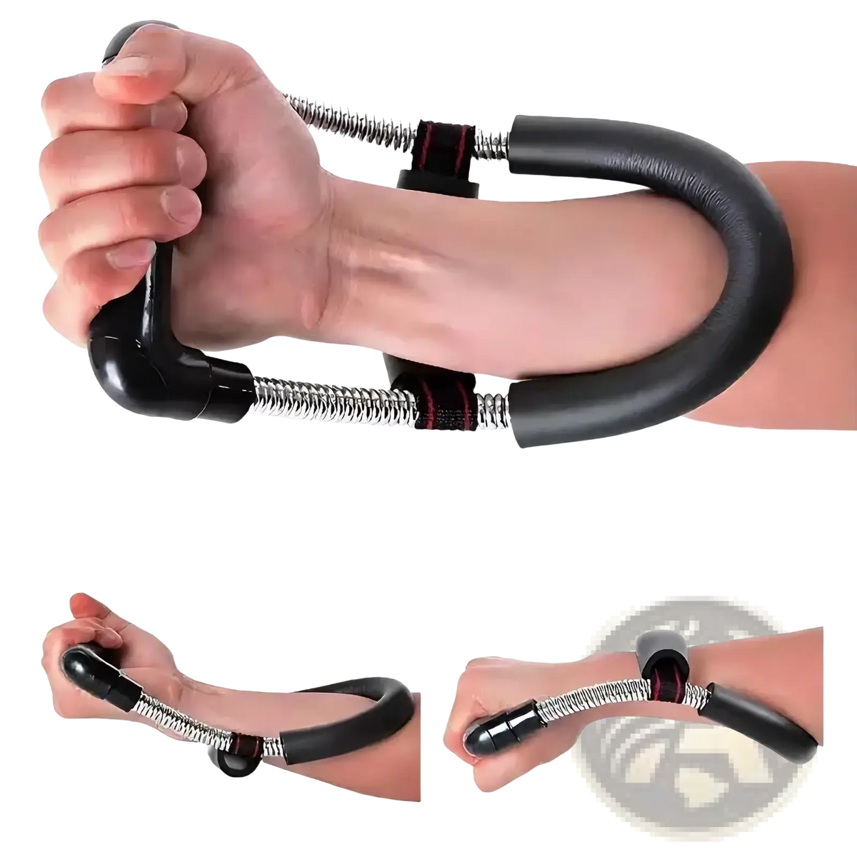 Adjustable wrist and forearm strengthener with black padded handles and coiled metal spring hand grip exerciser