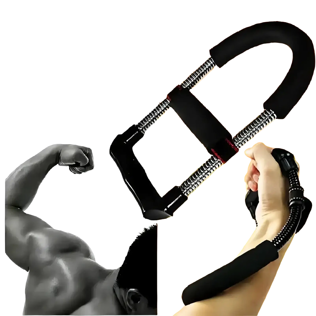 Adjustable wrist and forearm strengthener with black rubber coating, metallic coils, and spring mechanism for resistance training