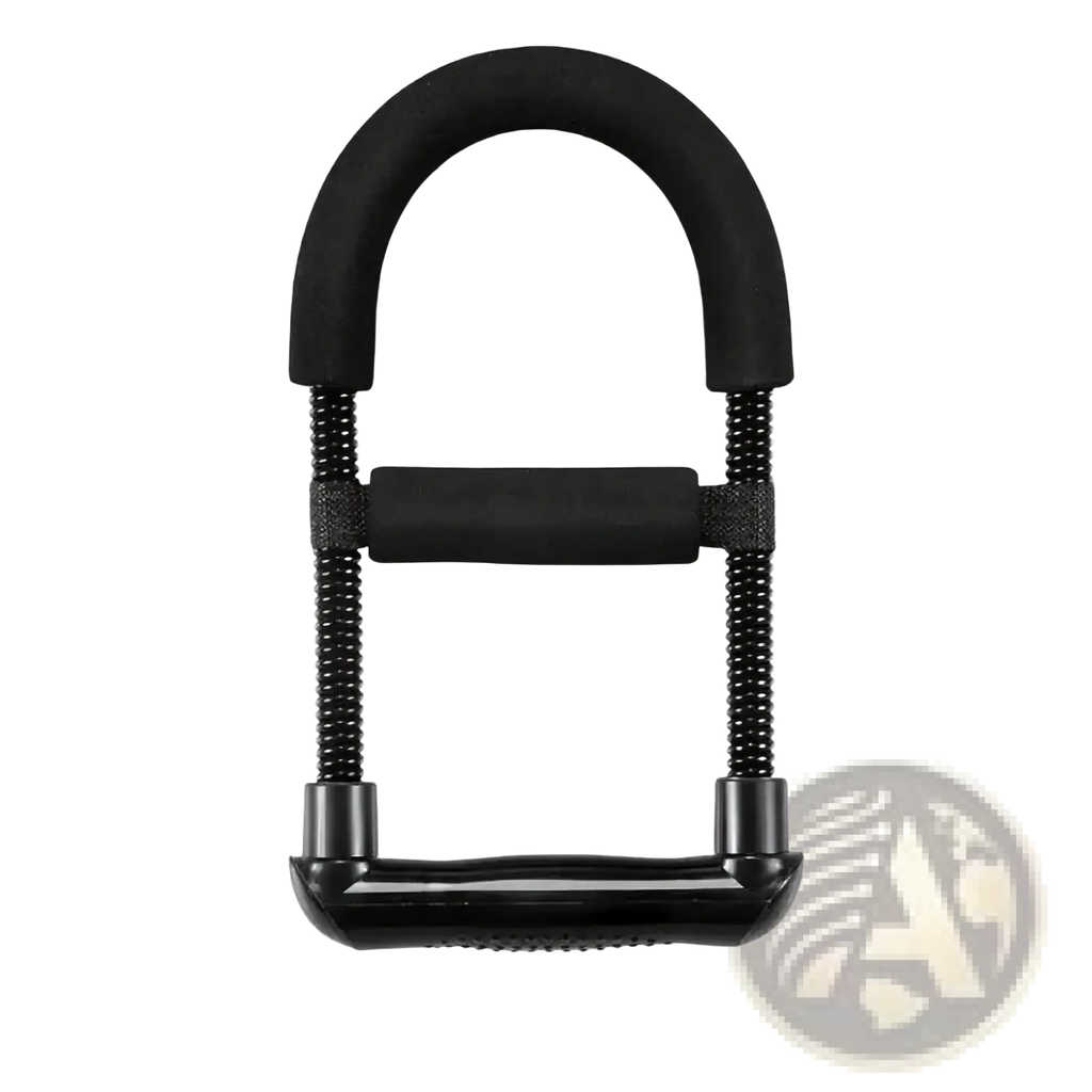 Adjustable wrist and forearm strengthener featuring black rubber-coated hand grips with spring mechanism and textured handles