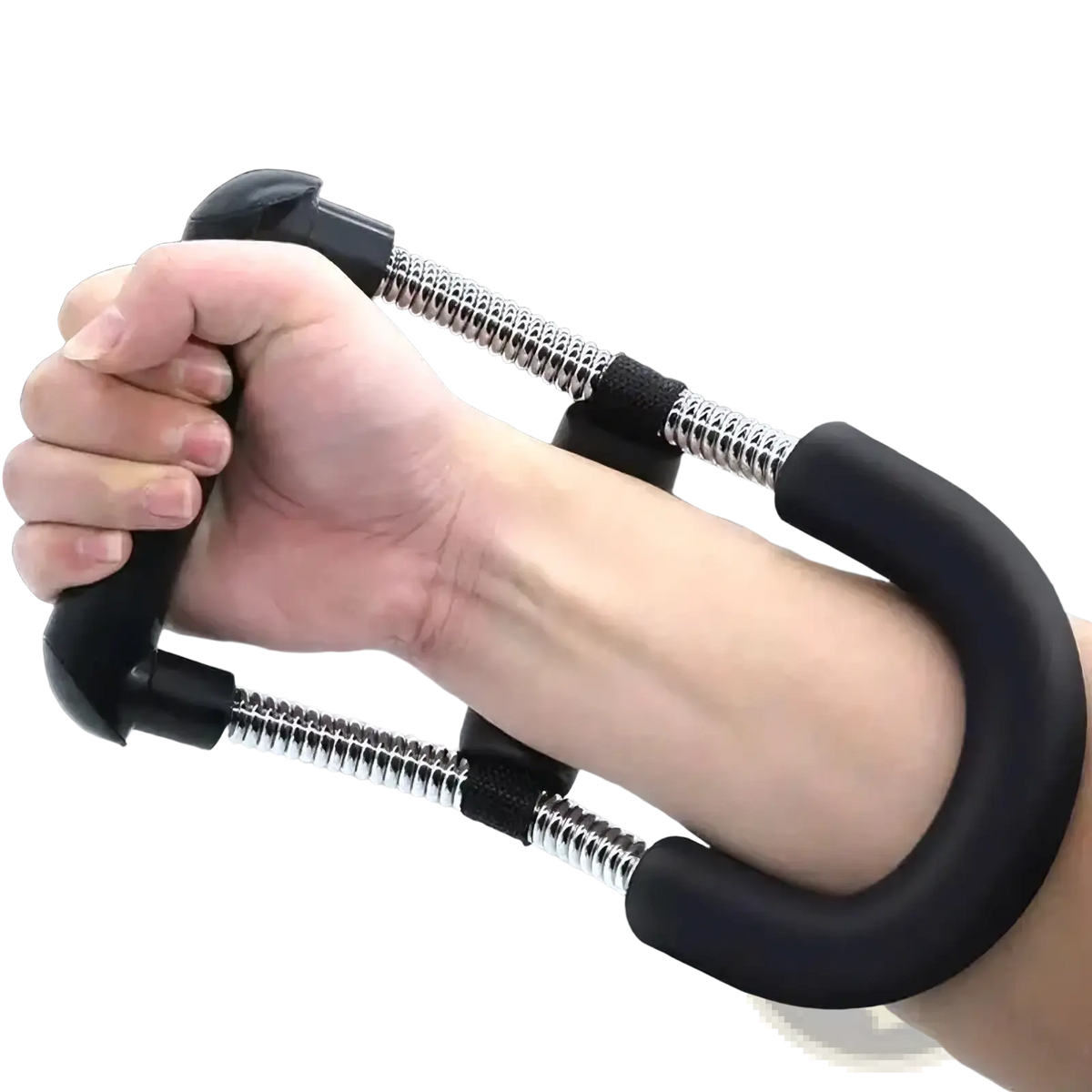 Black and silver adjustable wrist and forearm strengthener with rubber grips for targeted muscle training