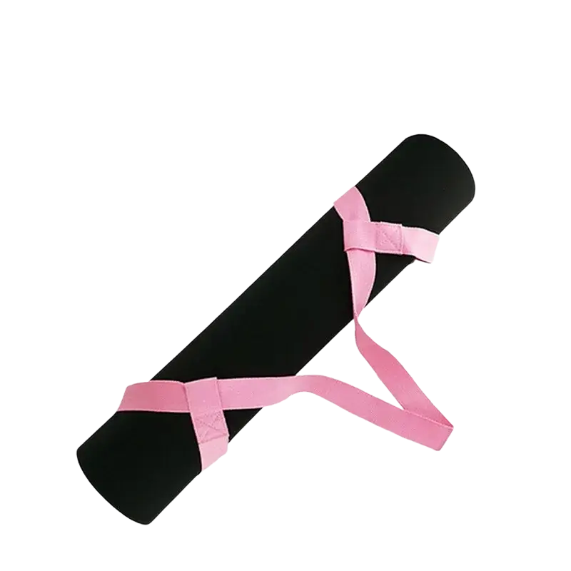 Adjustable black yoga mat with pink cotton yoga mat strap for easy bundling and travel carrier sling