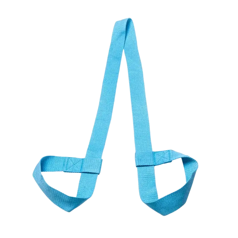 Adjustable bright blue cotton yoga mat strap with two looped handles for easy carrying and securing mat
