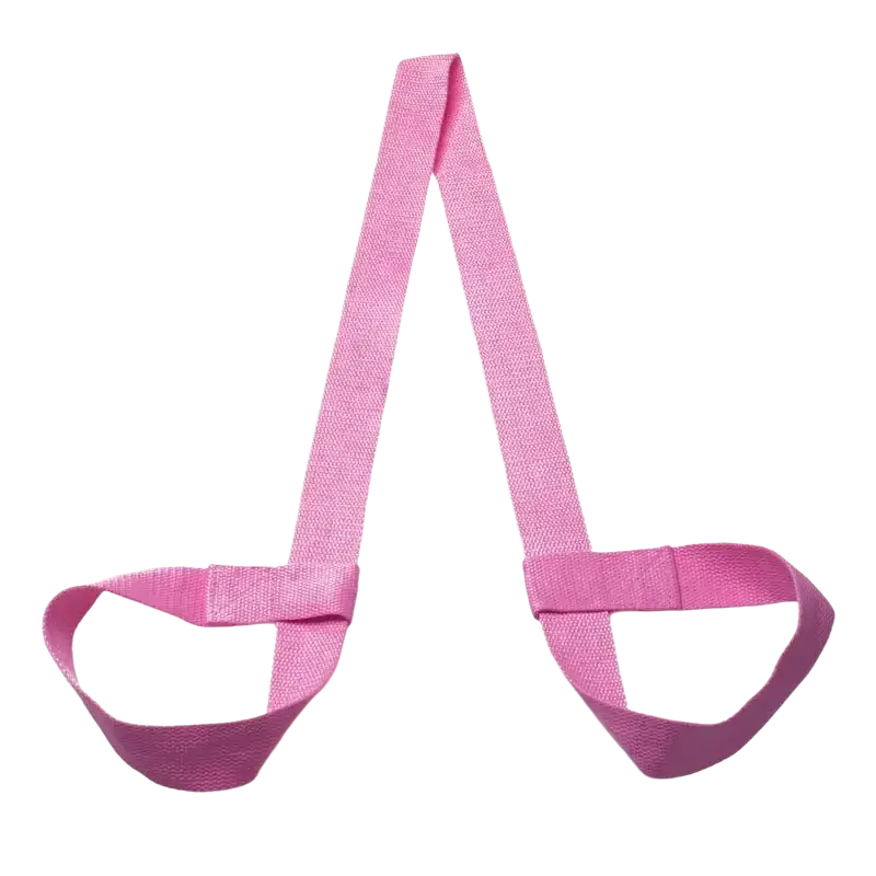Adjustable pink cotton yoga mat strap with two looped handles for carrying and securing yoga mats