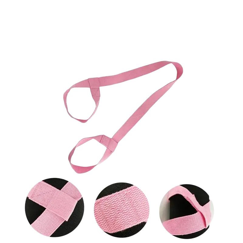 Adjustable pink cotton yoga mat strap with reinforced woven texture and padded black grip ends for easy carrying
