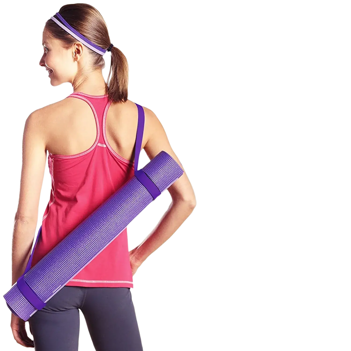 Adjustable cotton yoga mat strap in purple with textured grip surface and adjustable loops for easy carrying