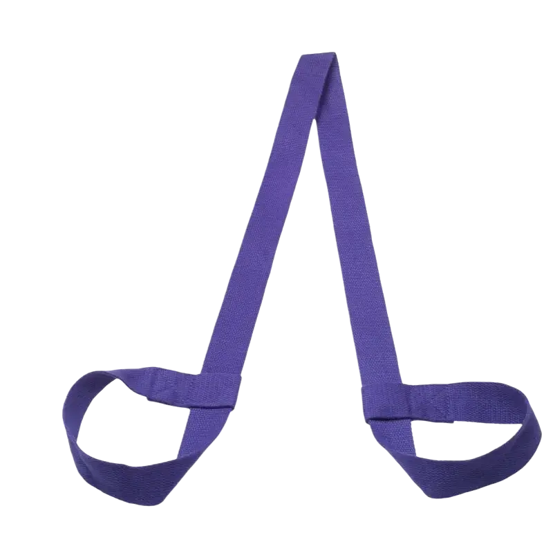 Adjustable purple cotton yoga mat strap with two looped handles for easy yoga mat carrying and transport