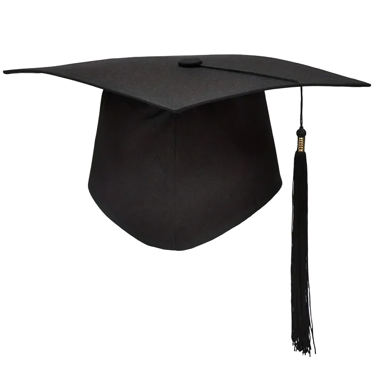 Adult black graduation cap with a flat square top and matching black tassel hanging from the front