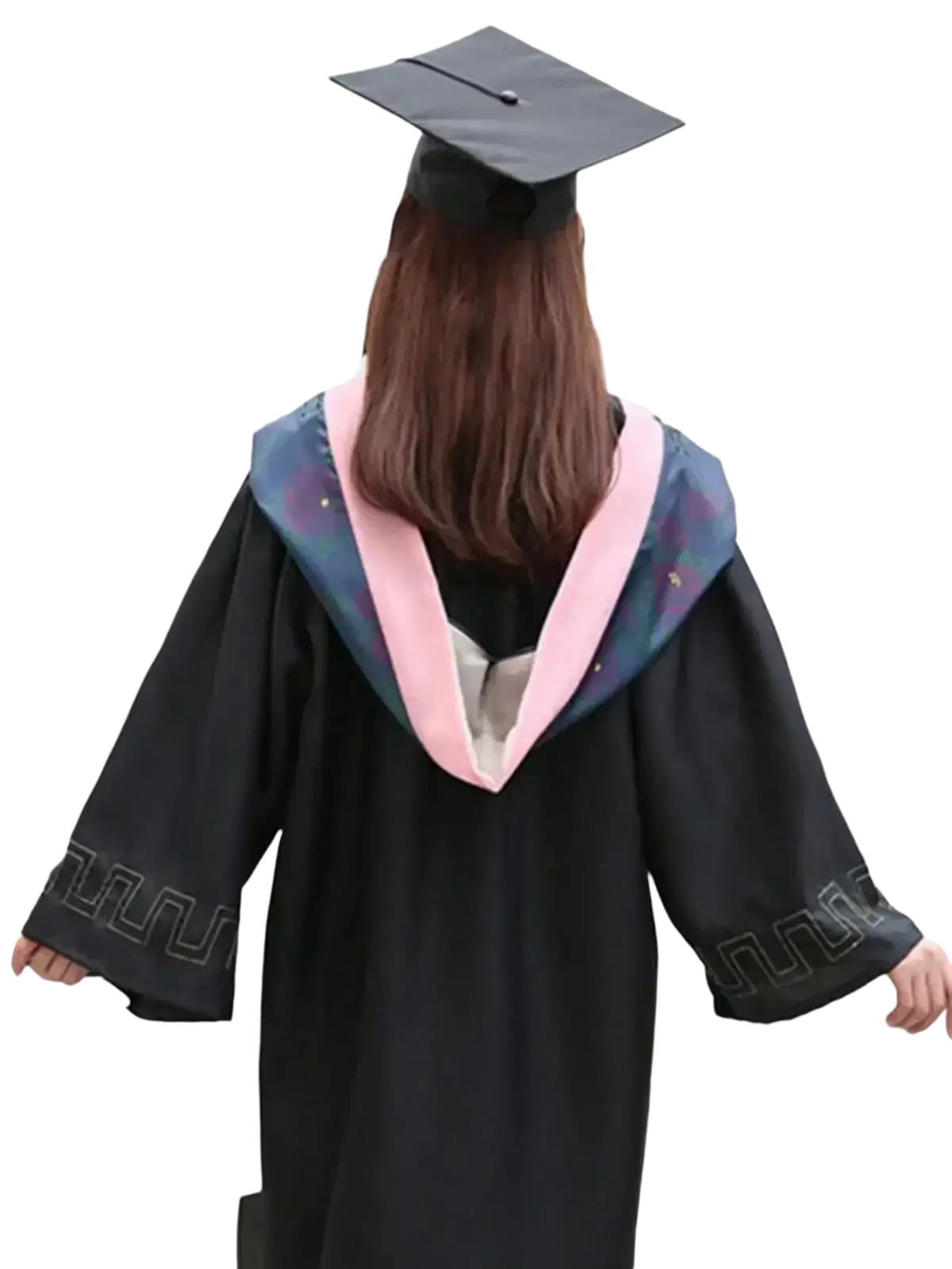 Adult black graduation cap with tassel paired with a black graduation gown featuring pink and blue satin trim