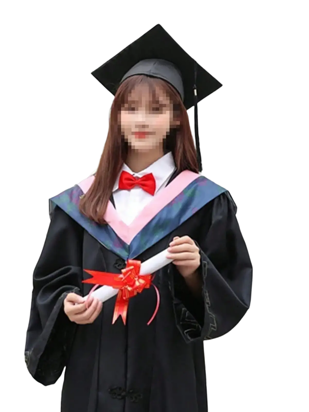Adult black graduation cap with tassel paired with black gown featuring pink and blue satin trim and red bow tie