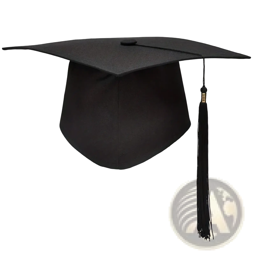 Adult black graduation cap with a flat square top and matching black tassel hanging from the front