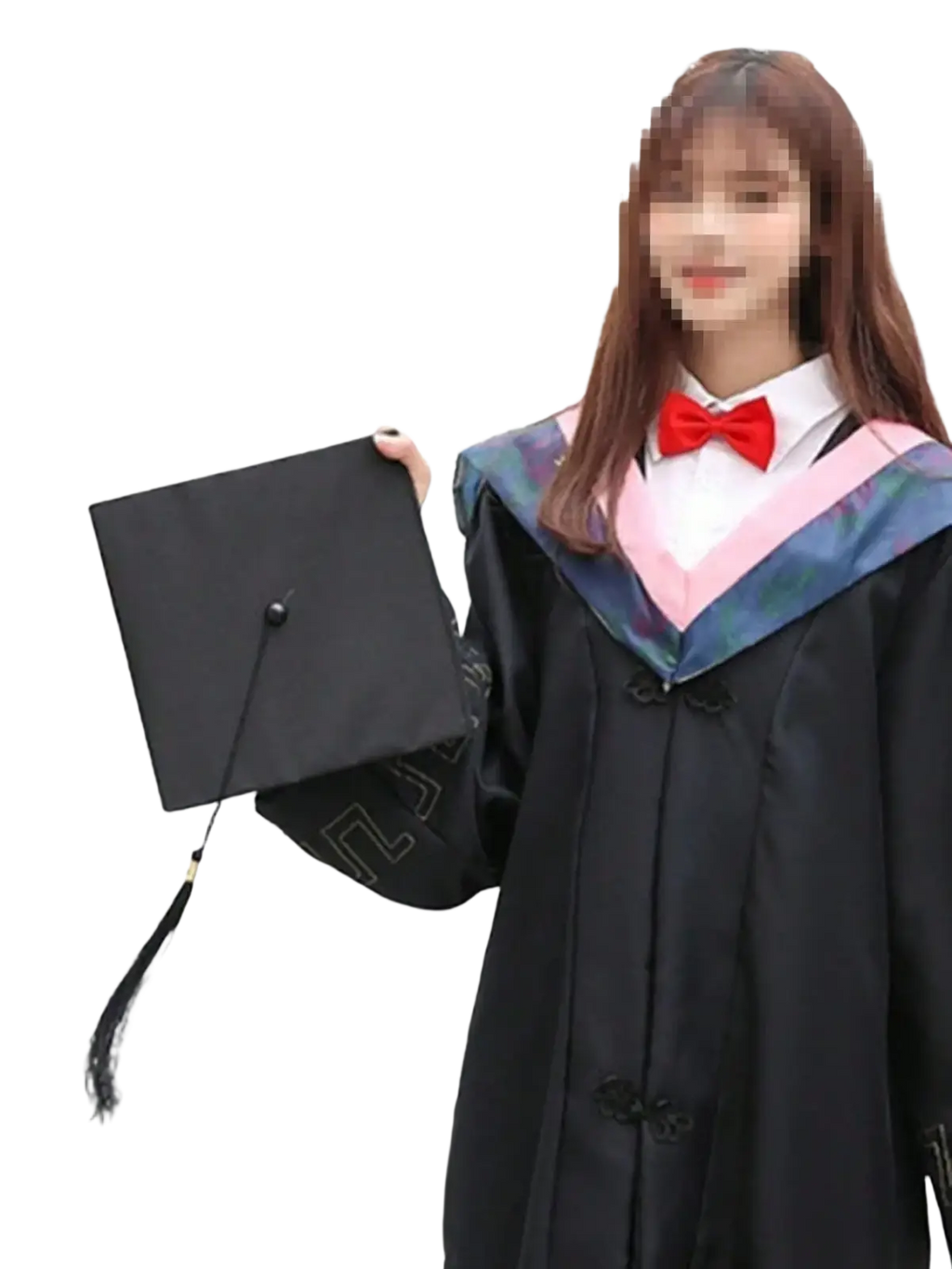 Adult black graduation cap made of fabric with a black tassel and gold metal clasp for formal ceremonies