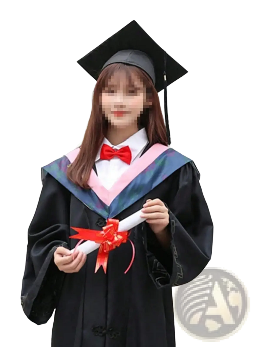 Adult black graduation cap with tassel paired with black gown featuring pink and blue satin trim and red bow tie