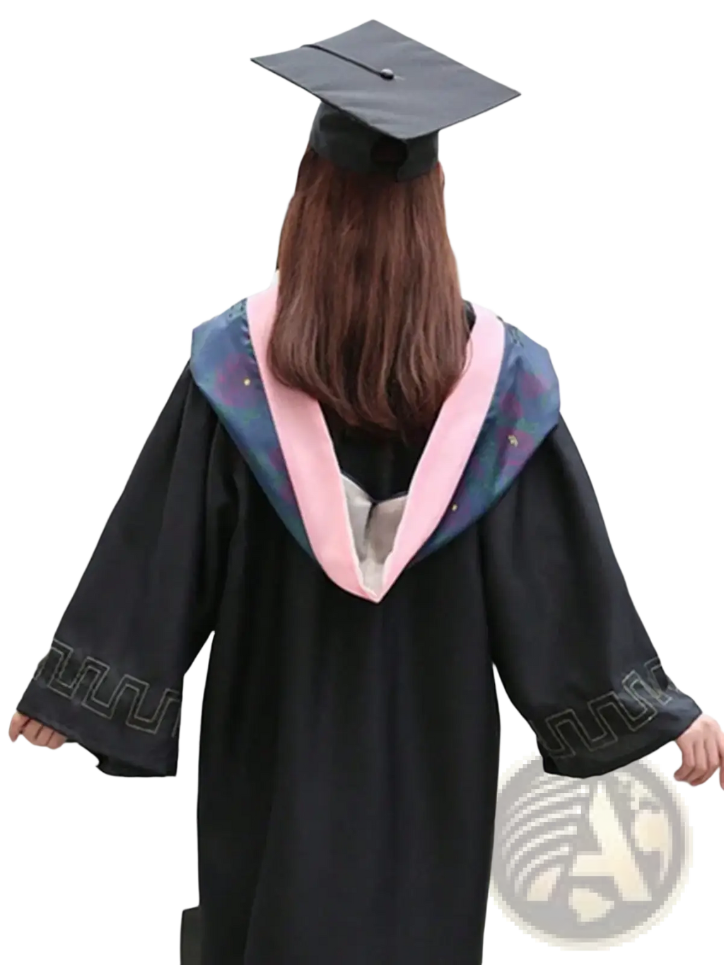 Adult black graduation cap with tassel shown from the back paired with a black gown featuring pink and blue patterned hood