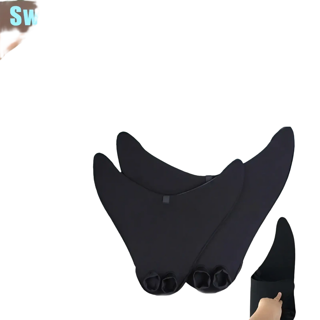 Black silicone adult mermaid swim fin training flippers with three finger loops for secure fit designed as a mermaid tail