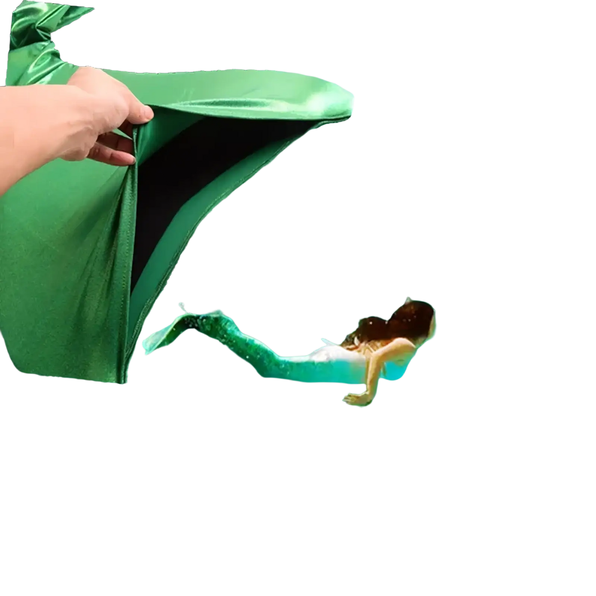 Adult mermaid swim fin training flippers with a green shiny satin finish and black inner lining shown from the back side