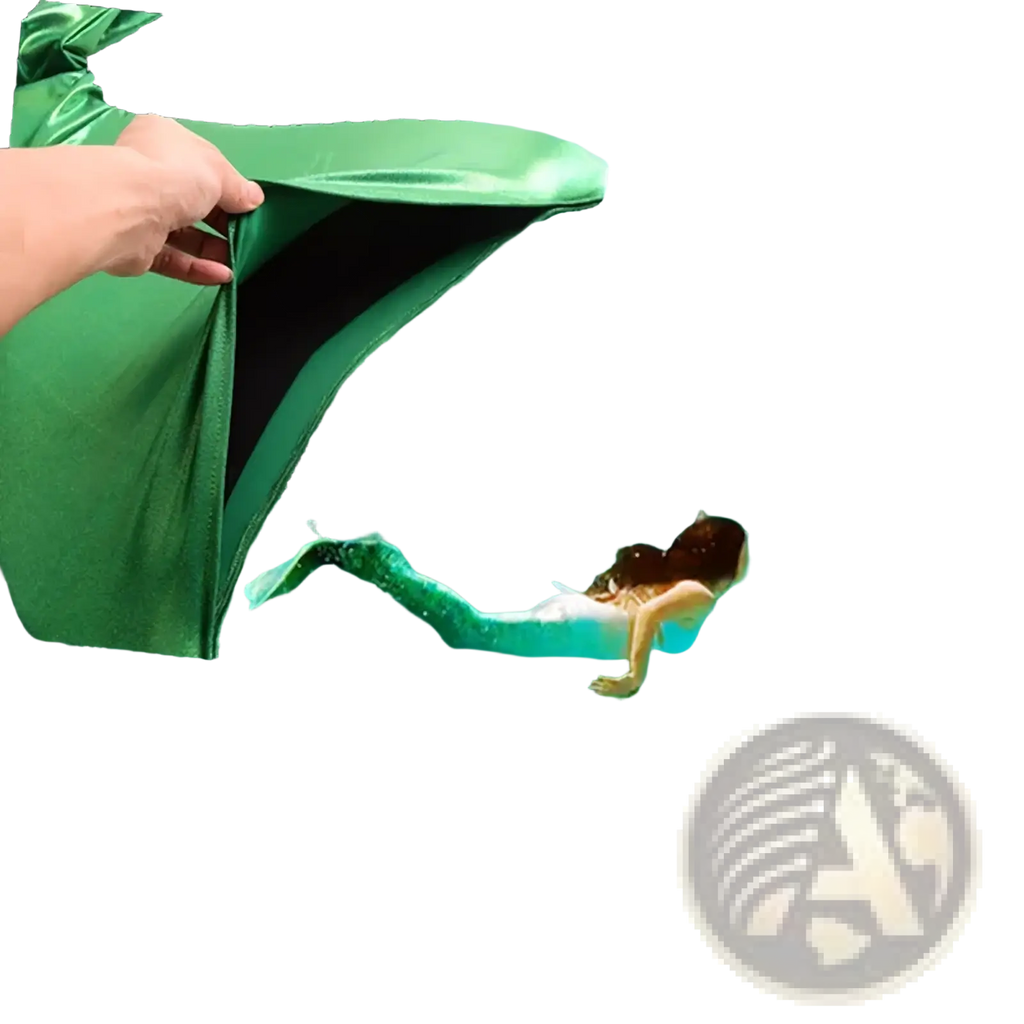 Adult mermaid swim fin training flippers with a green shiny satin finish and black inner lining shown from the back side
